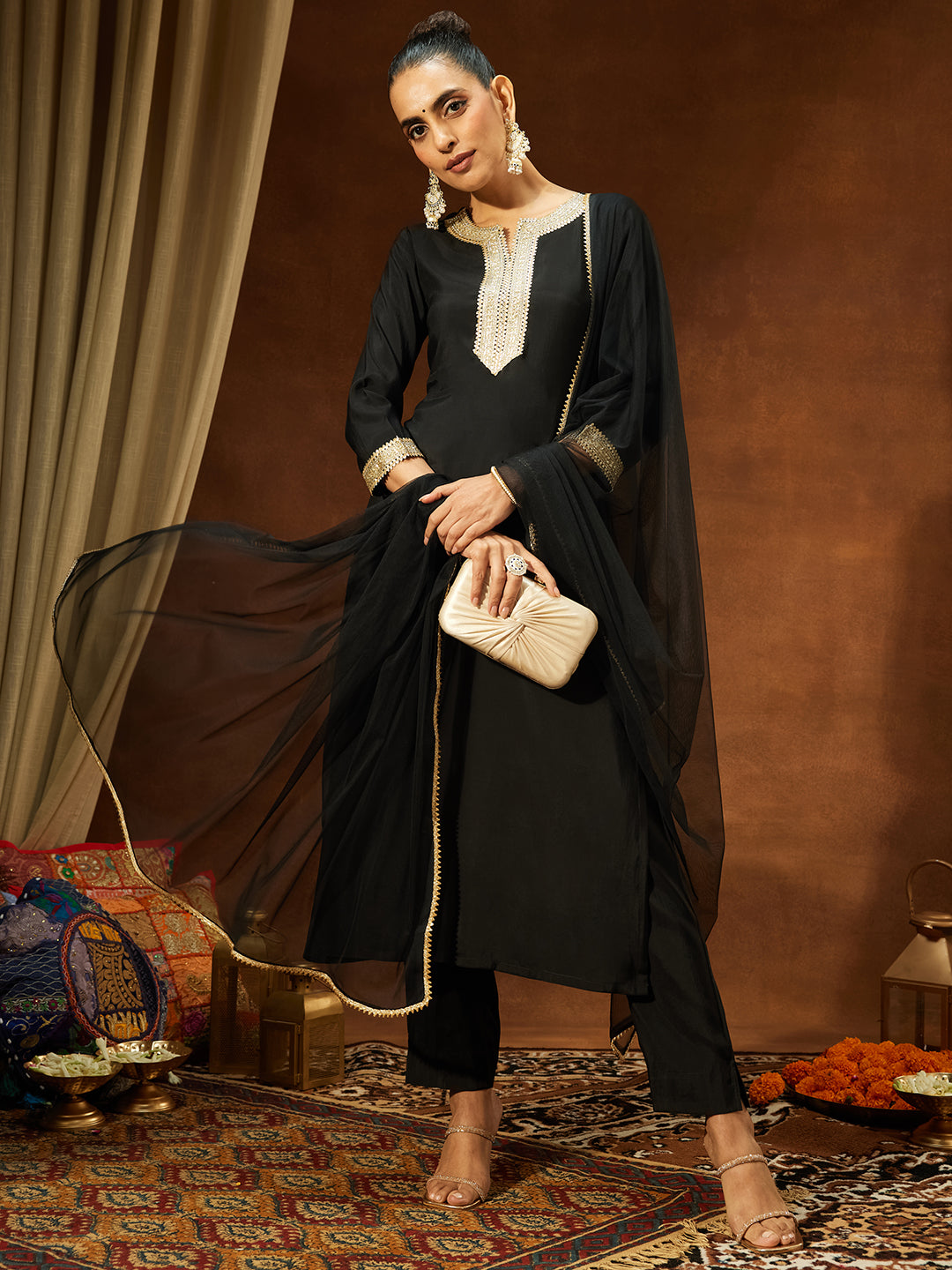 Janasya Women's Black Chanderi Silk Yoke Design Straight Kurta Set