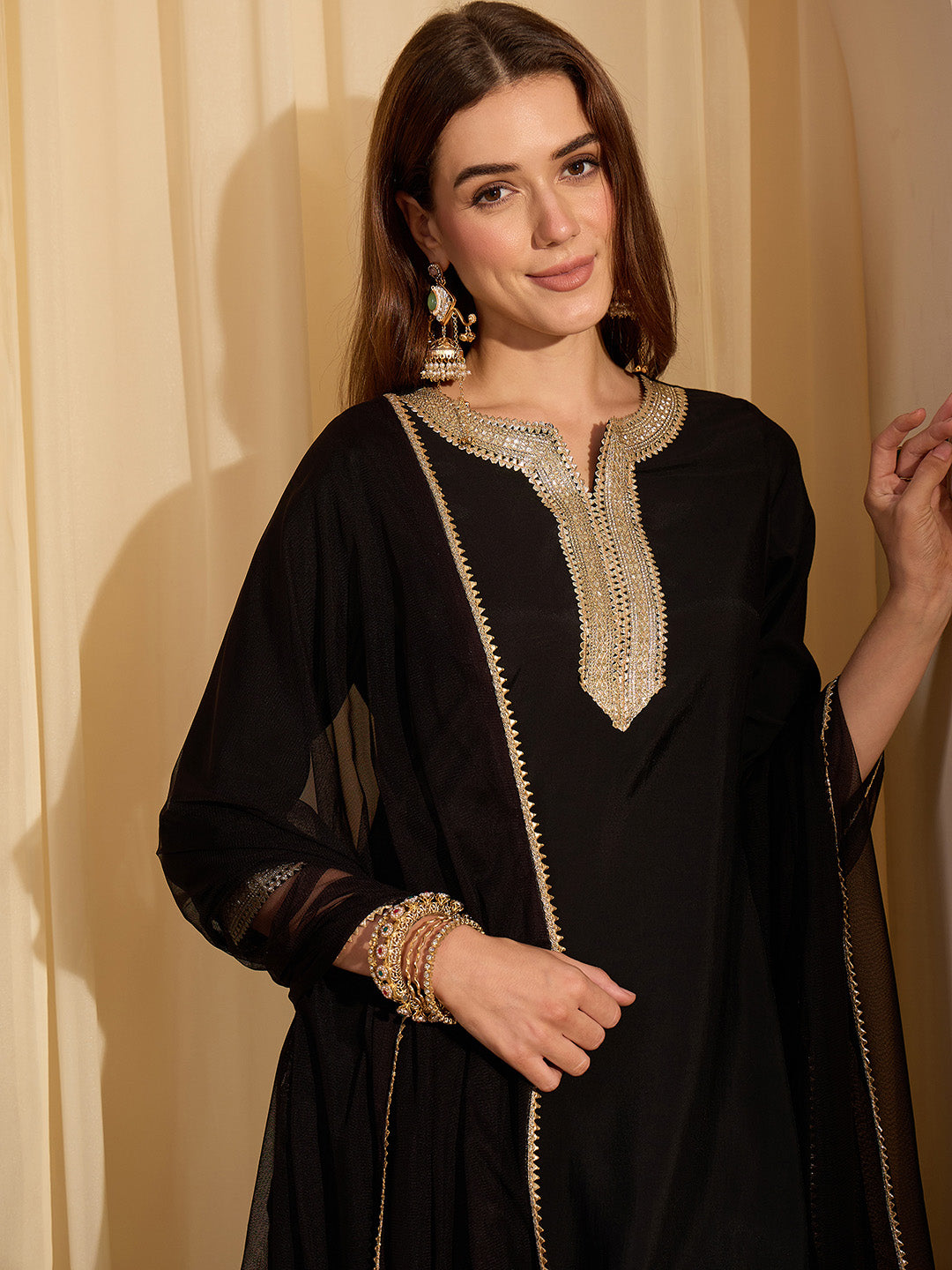 Janasya Women's Black Chanderi Silk Yoke Design Straight Kurta Set