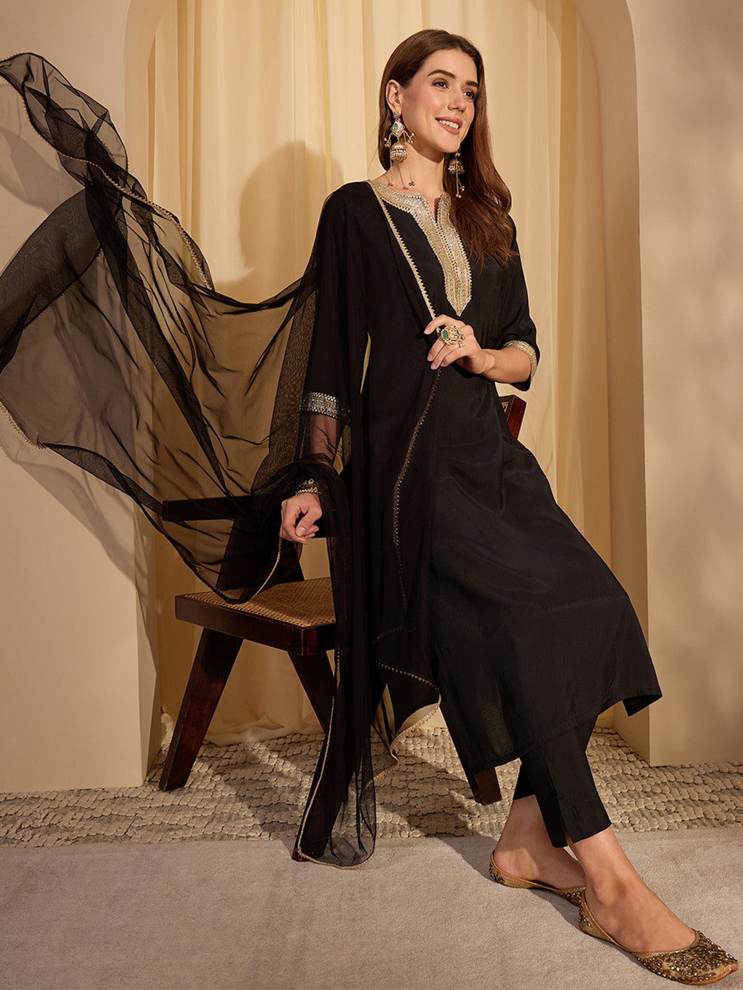 Janasya Women's Black Chanderi Silk Yoke Design Straight Kurta Set