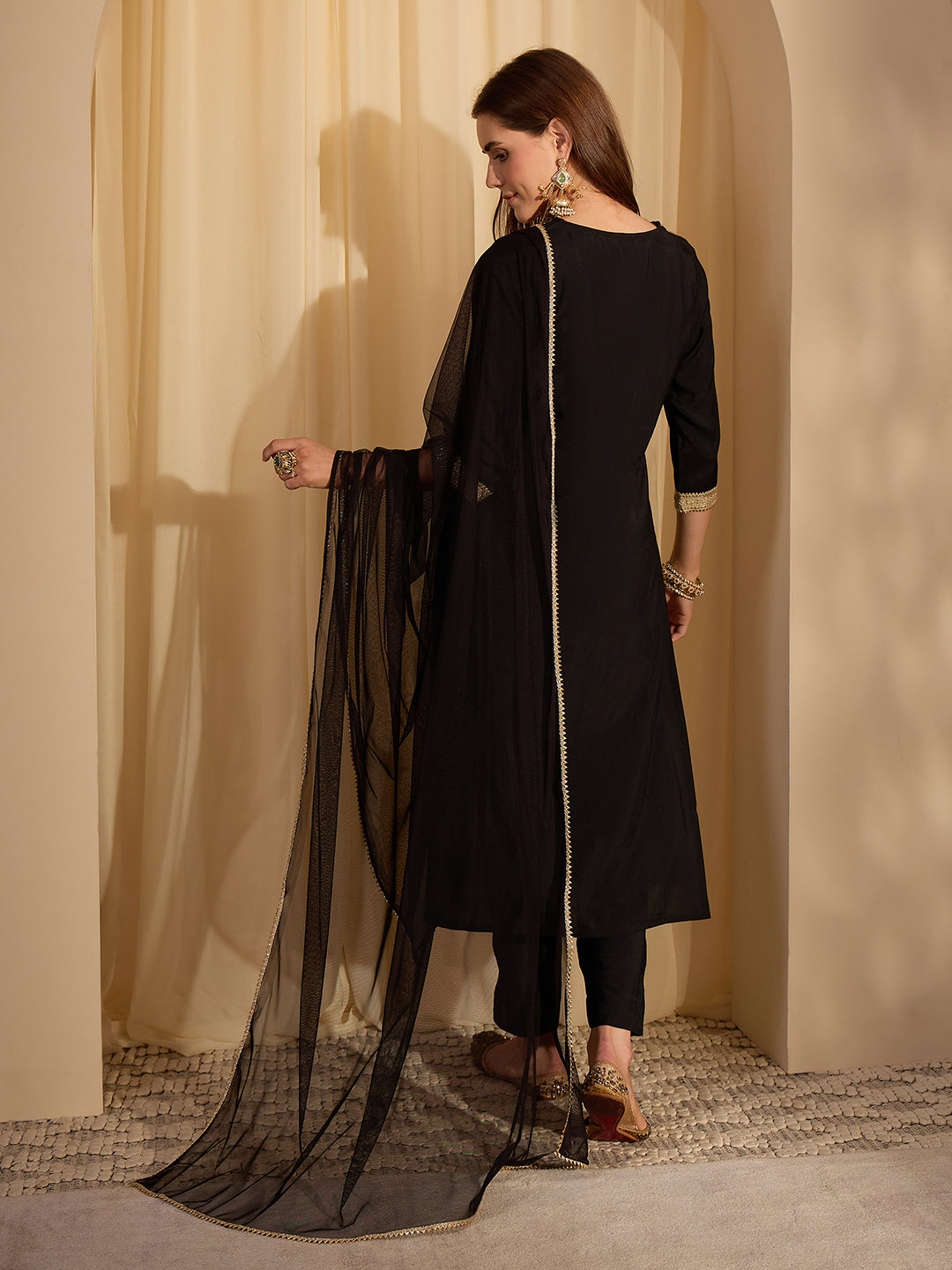 Janasya Women's Black Chanderi Silk Yoke Design Straight Kurta Set