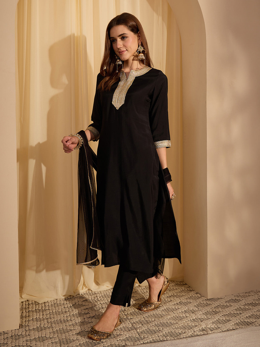 Janasya Women's Black Chanderi Silk Yoke Design Straight Kurta Set
