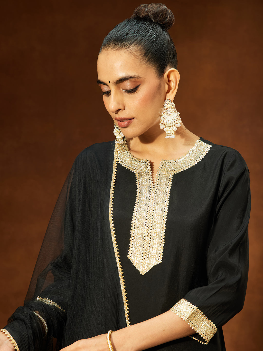 Janasya Women's Black Chanderi Silk Yoke Design Straight Kurta Set