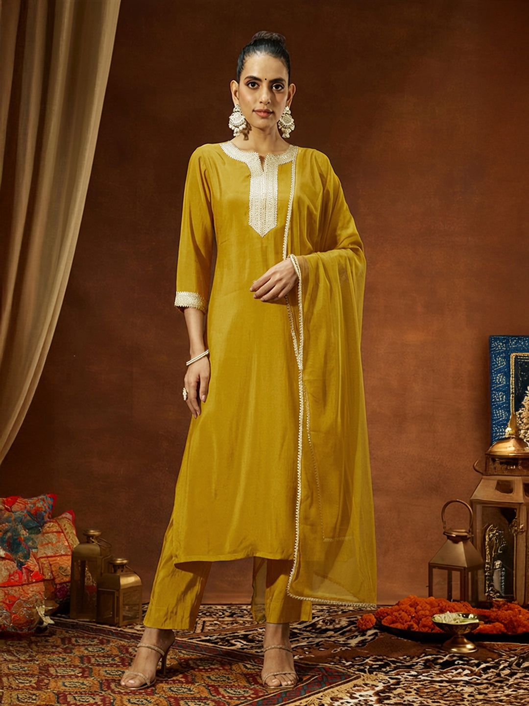 Janasya Women's Mustard Chanderi Silk Embellished Yoke Design Straight Kurta Set