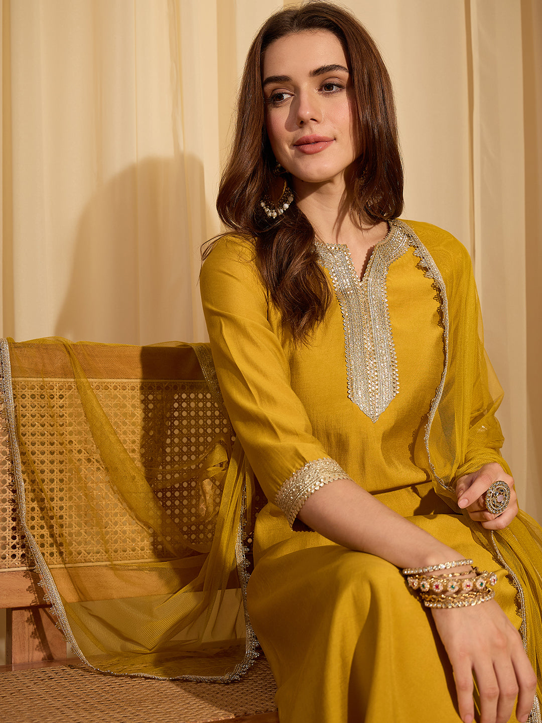 Janasya Women's Mustard Yellow Chanderi Silk Yoke Design Straight Kurta Set