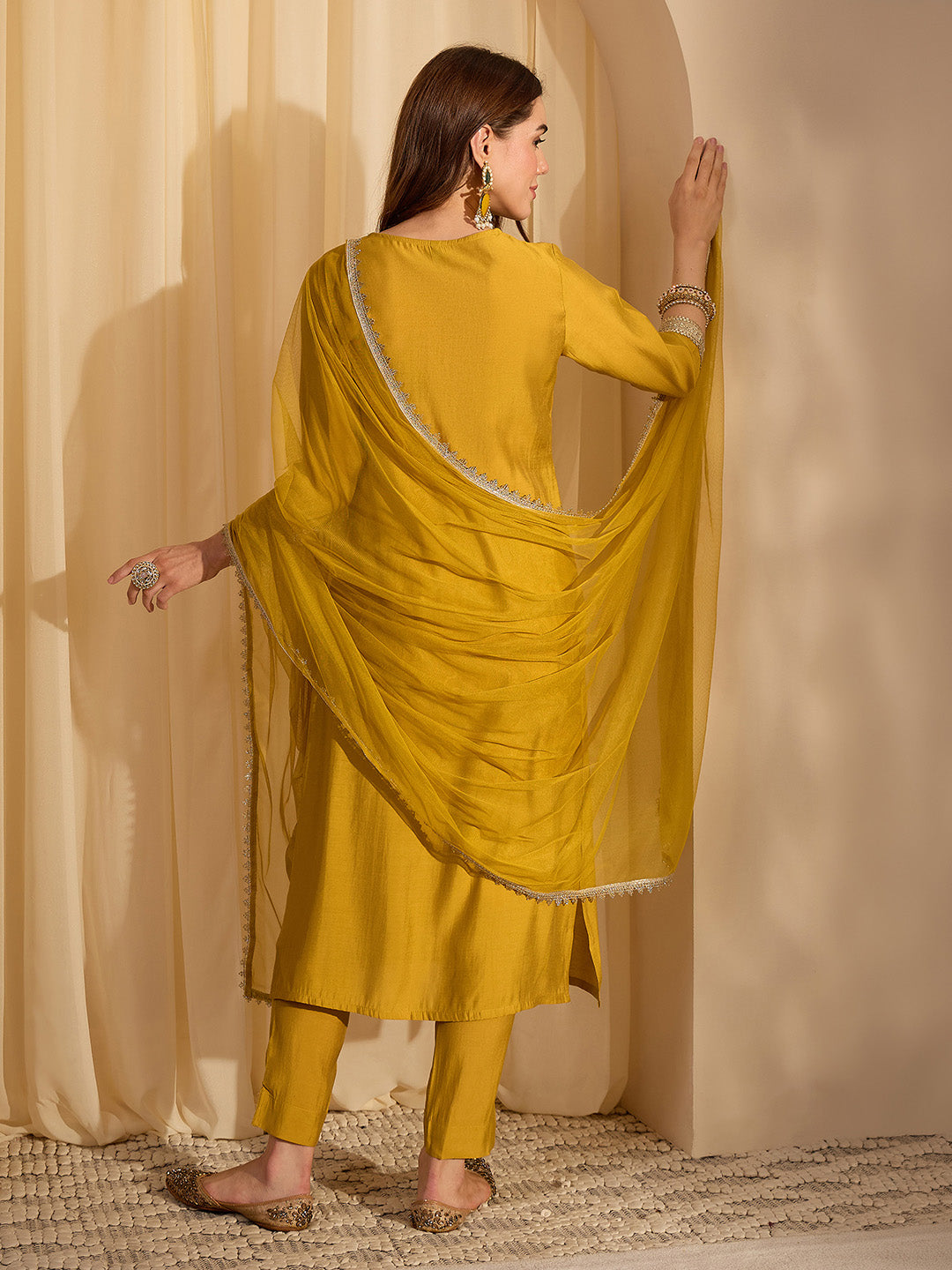 Janasya Women's Mustard Yellow Chanderi Silk Yoke Design Straight Kurta Set