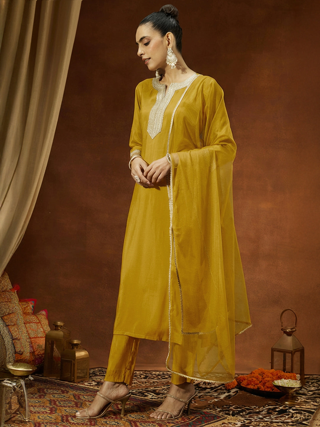 Janasya Women's Mustard Chanderi Silk Embellished Yoke Design Straight Kurta Set