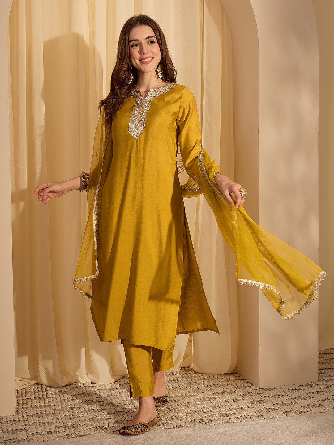 Janasya Women's Mustard Yellow Chanderi Silk Yoke Design Straight Kurta Set