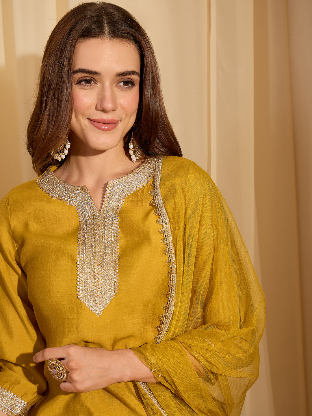 Janasya Women's Mustard Yellow Chanderi Silk Yoke Design Straight Kurta Set