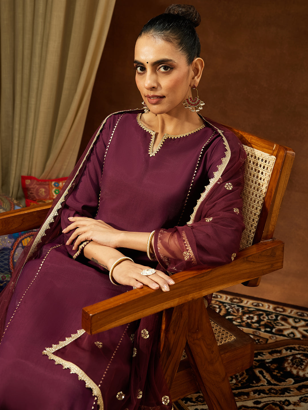 Janasya Women's Wine Chanderi Silk Embellished Straight Kurta Set