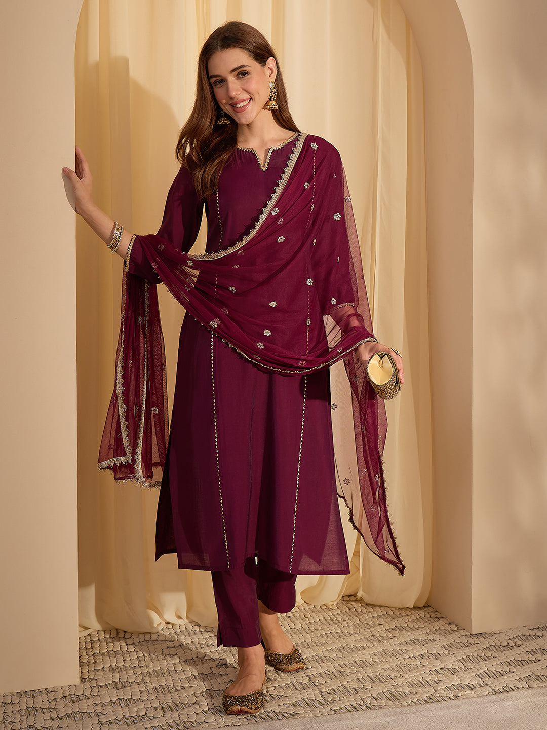 Janasya Women's Wine Chanderi Silk Embellished Straight Kurta Set