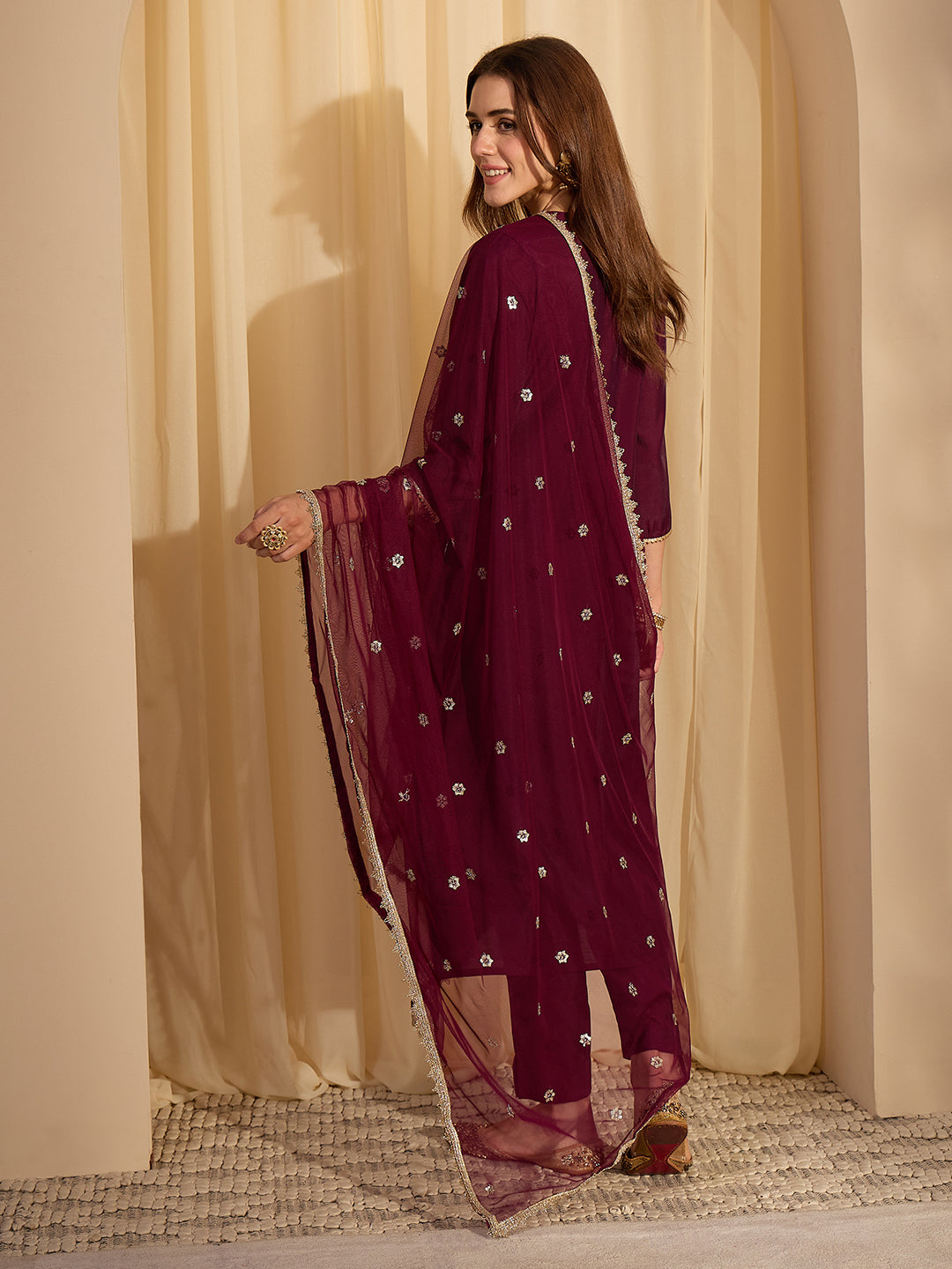 Janasya Women's Wine Chanderi Silk Embellished Straight Kurta Set