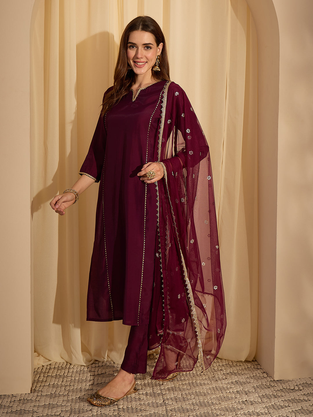 Janasya Women's Wine Chanderi Silk Embellished Straight Kurta Set