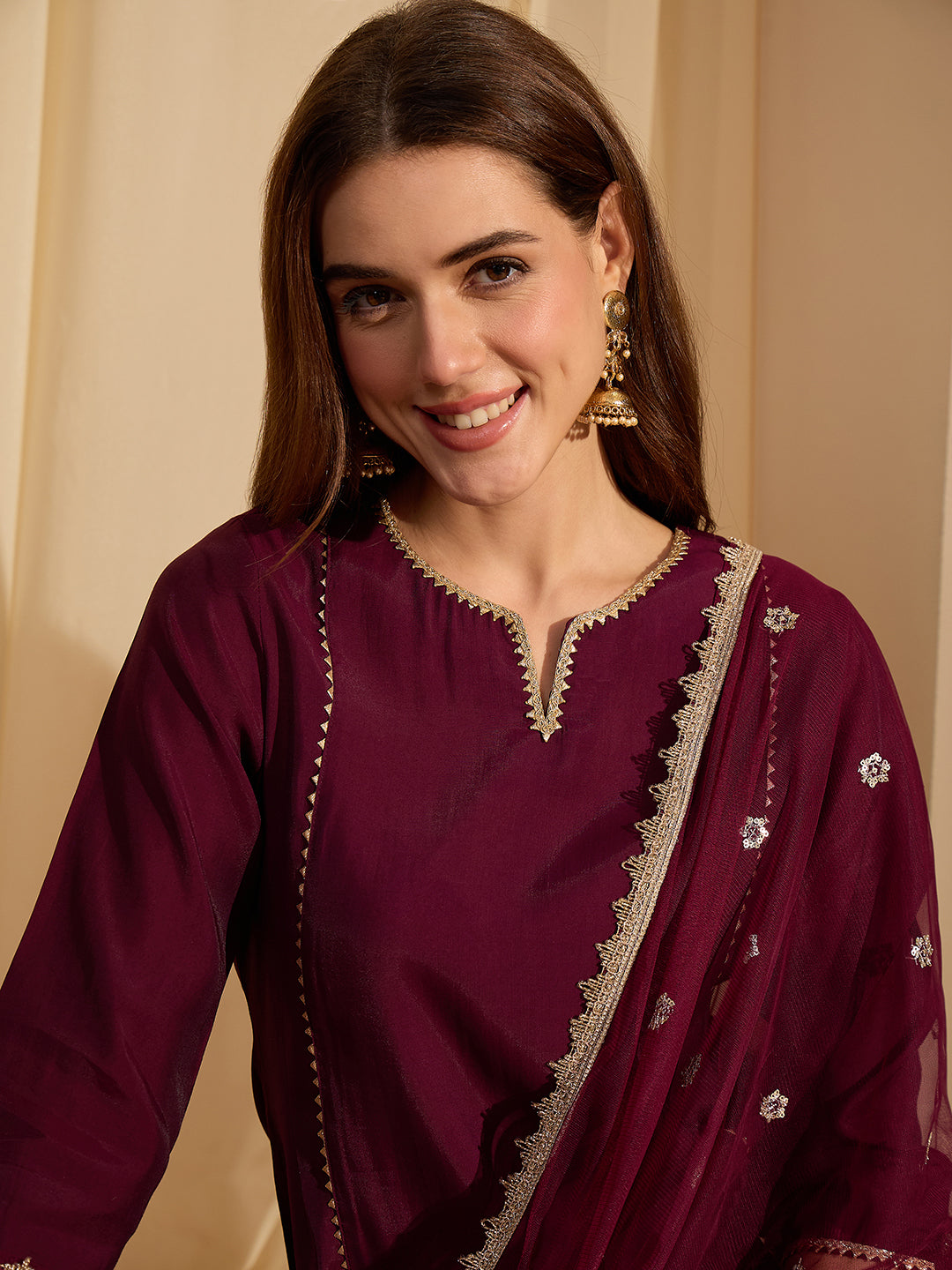 Janasya Women's Wine Chanderi Silk Embellished Straight Kurta Set