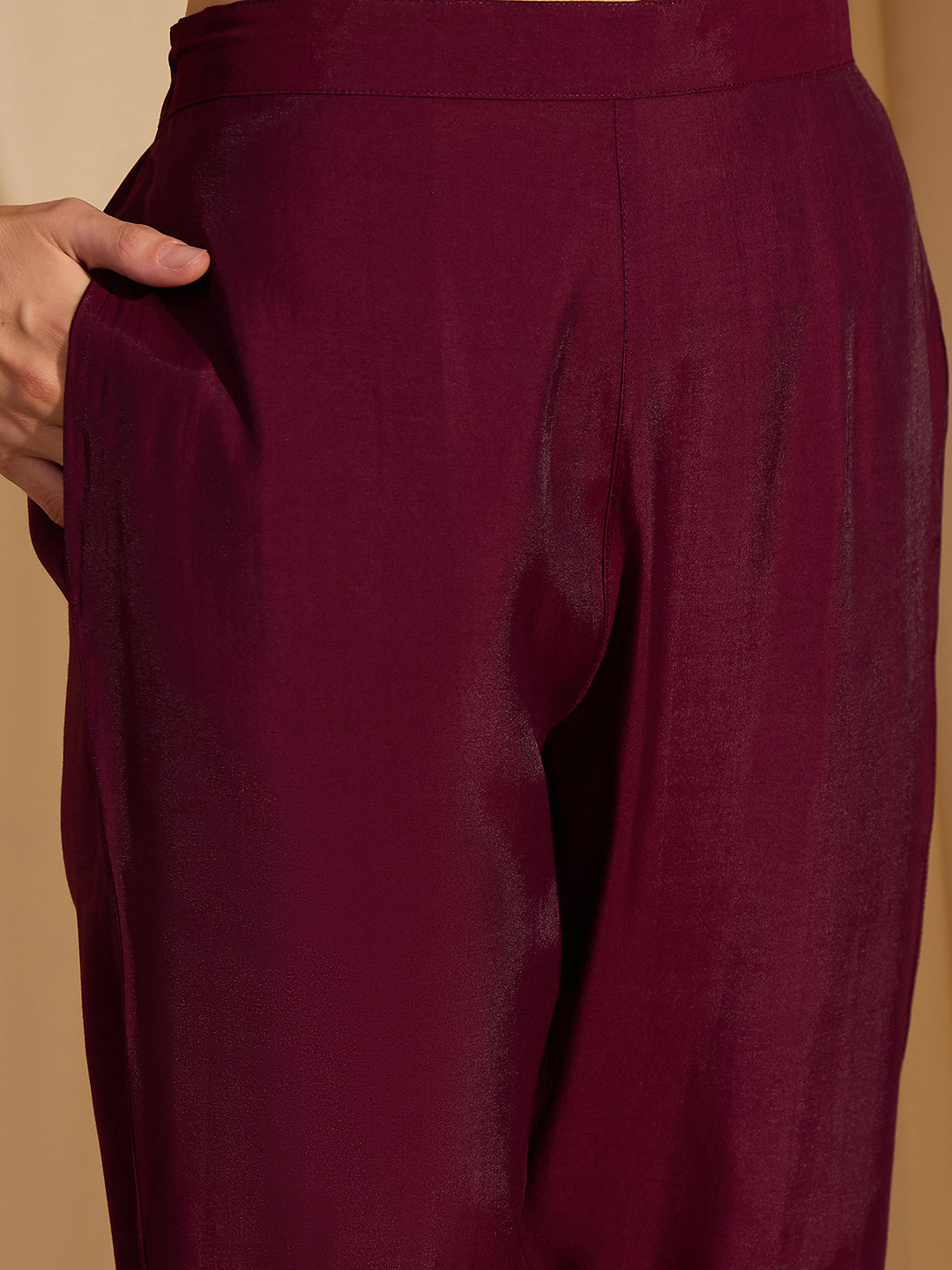 Janasya Women's Wine Chanderi Silk Embellished Straight Kurta Set