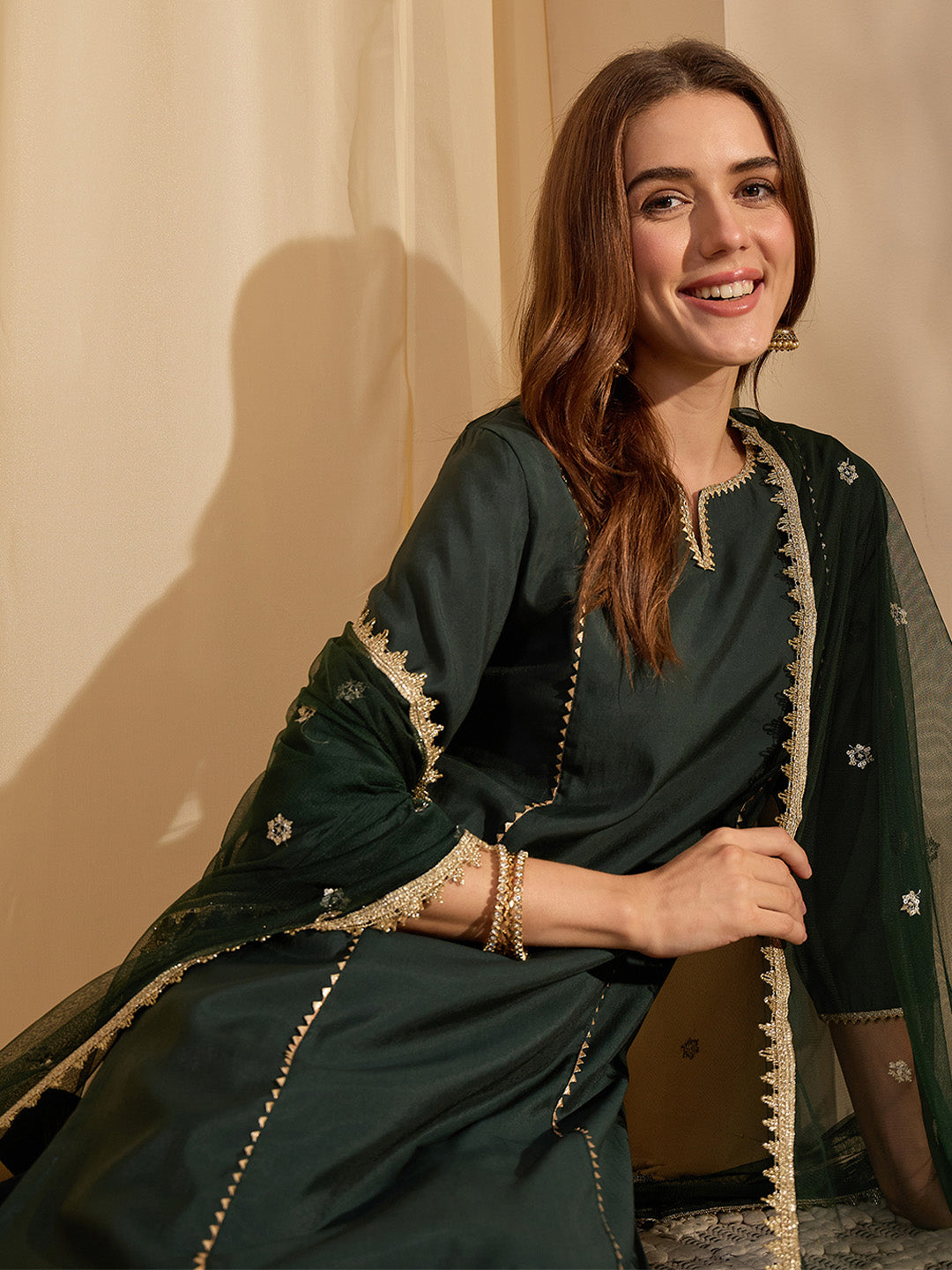 Janasya Women's Bottle Green Chanderi Silk Embellished Straight Kurta Set