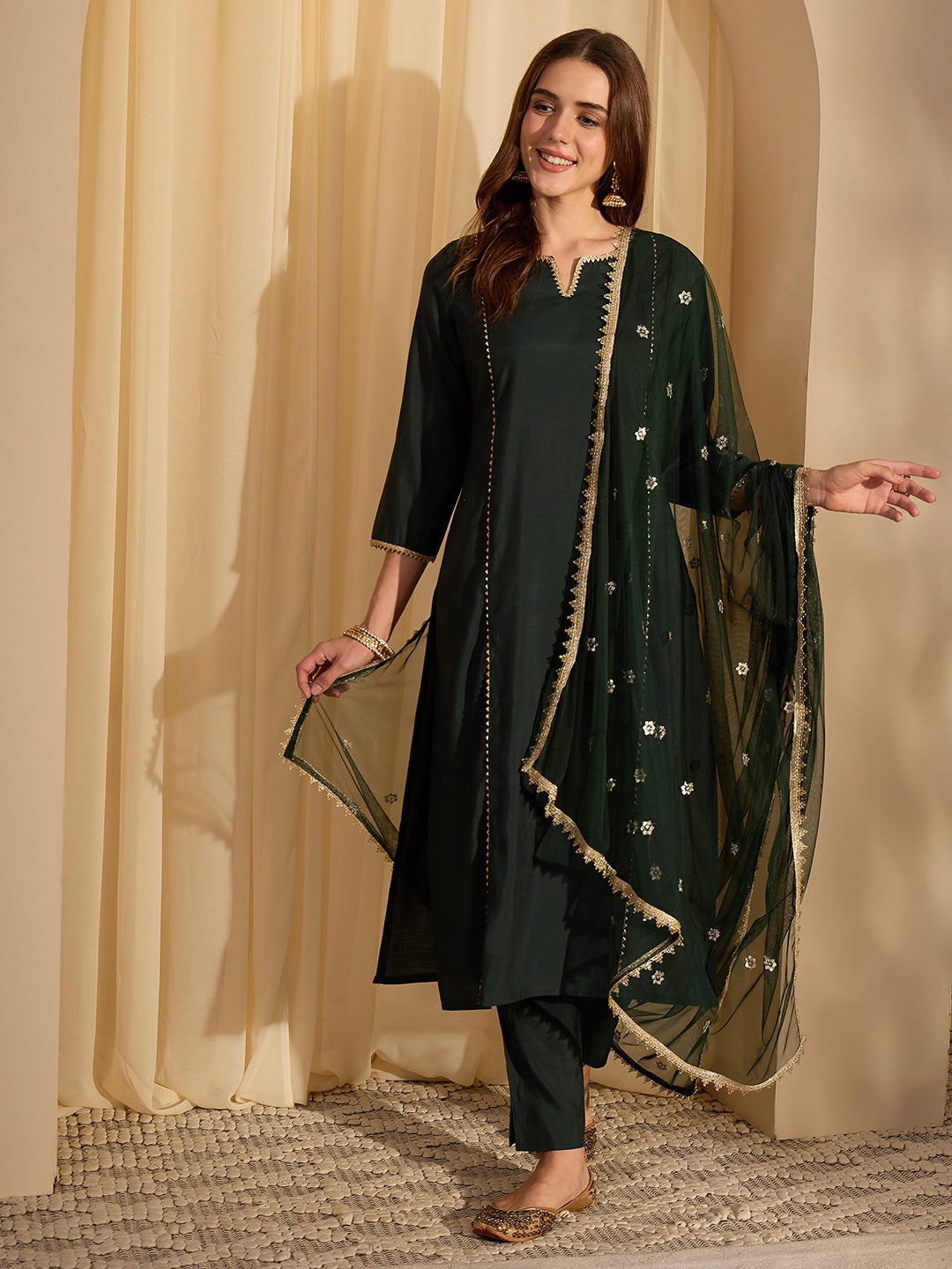 Janasya Women's Bottle Green Chanderi Silk Embellished Straight Kurta Set