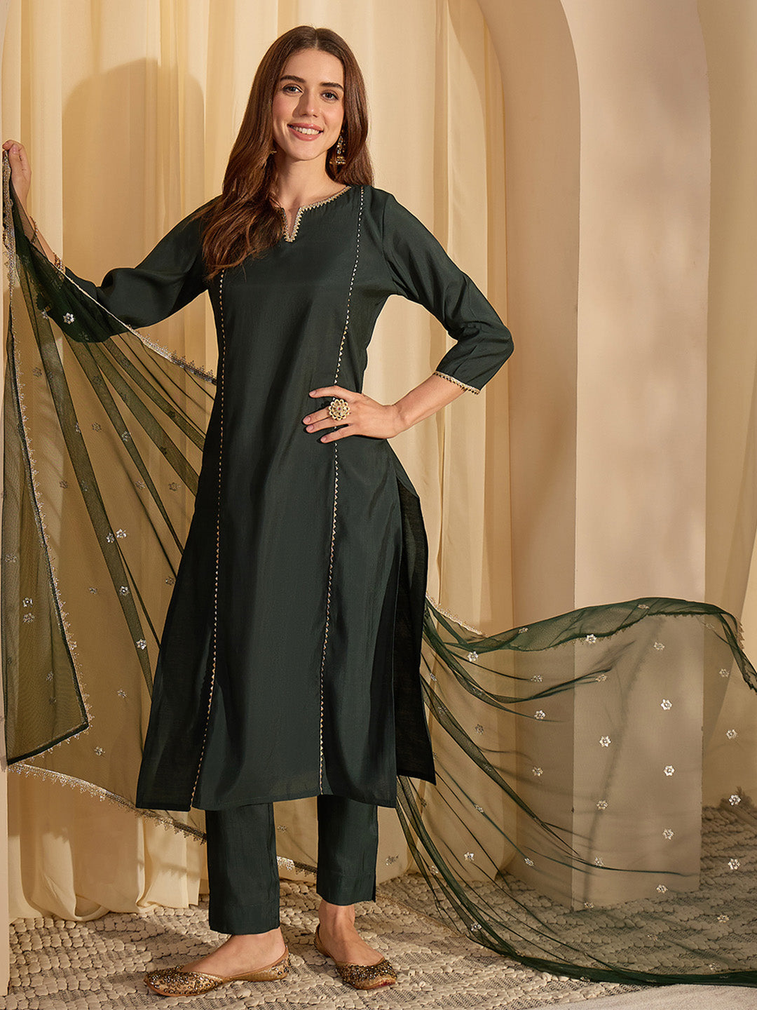 Janasya Women's Bottle Green Chanderi Silk Embellished Straight Kurta Set