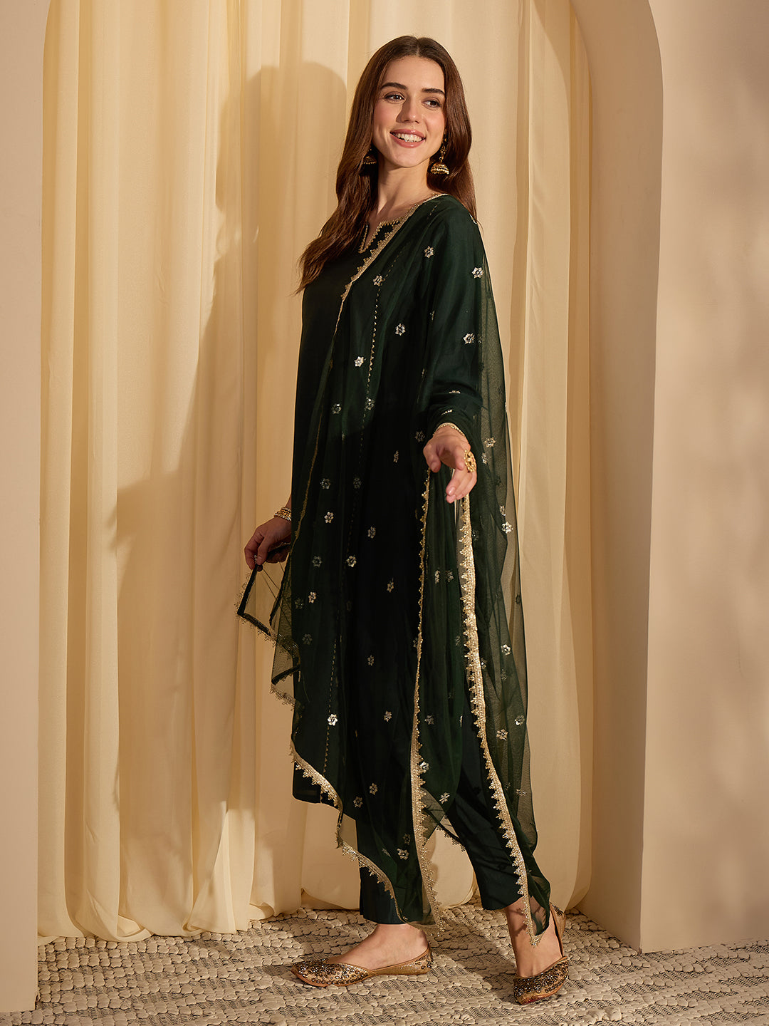 Janasya Women's Bottle Green Chanderi Silk Embellished Straight Kurta Set