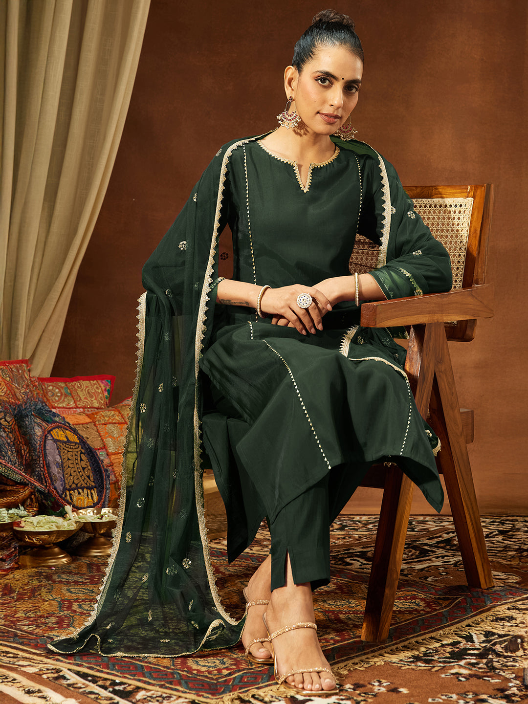 Janasya Women's Bottle Green Chanderi Silk Embellished Straight Kurta Set