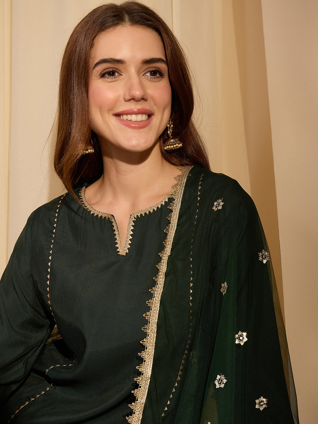 Janasya Women's Bottle Green Chanderi Silk Embellished Straight Kurta Set