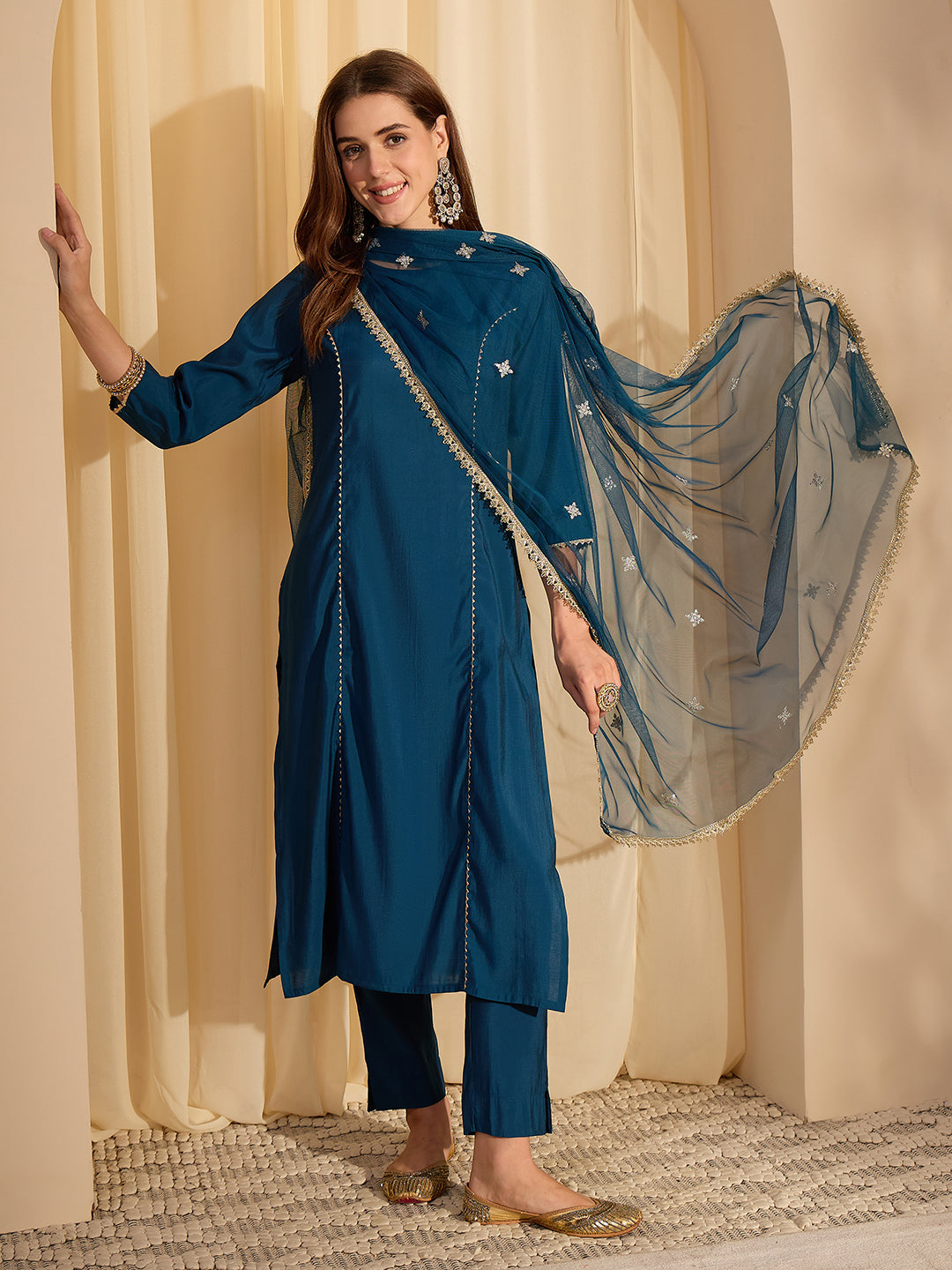 Janasya Women's Teal Blue Chanderi Silk Embelished Straight Kurta Set