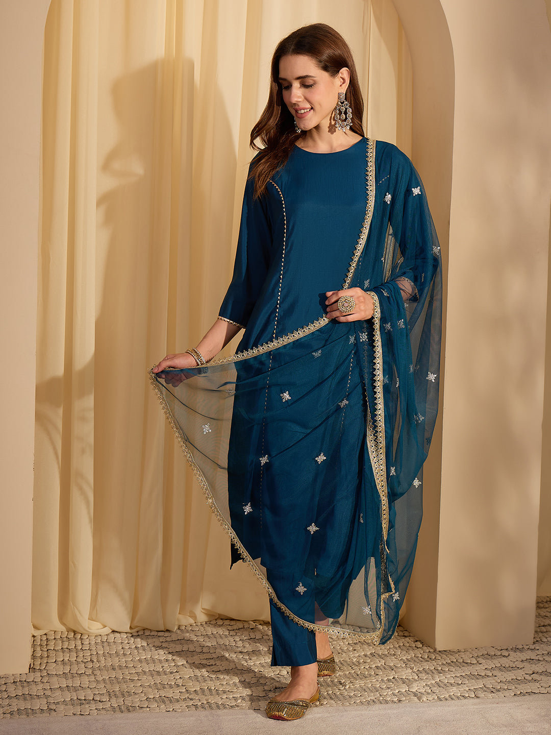Janasya Women's Teal Blue Chanderi Silk Embelished Straight Kurta Set