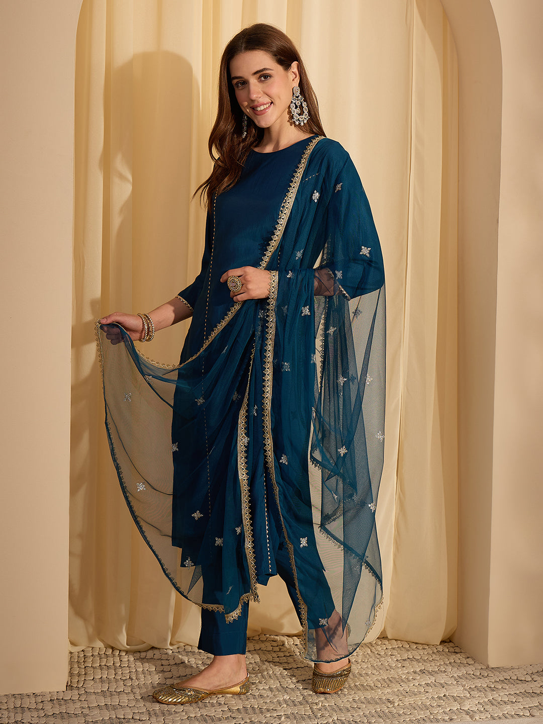 Janasya Women's Teal Blue Chanderi Silk Embelished Straight Kurta Set