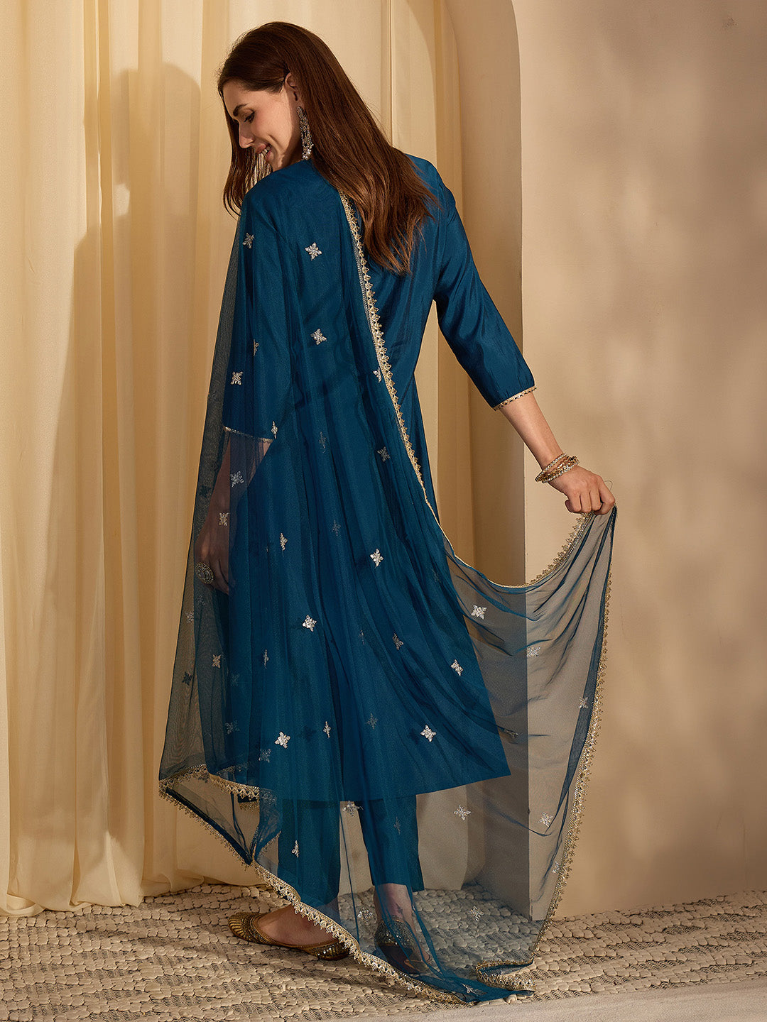 Janasya Women's Teal Blue Chanderi Silk Embelished Straight Kurta Set
