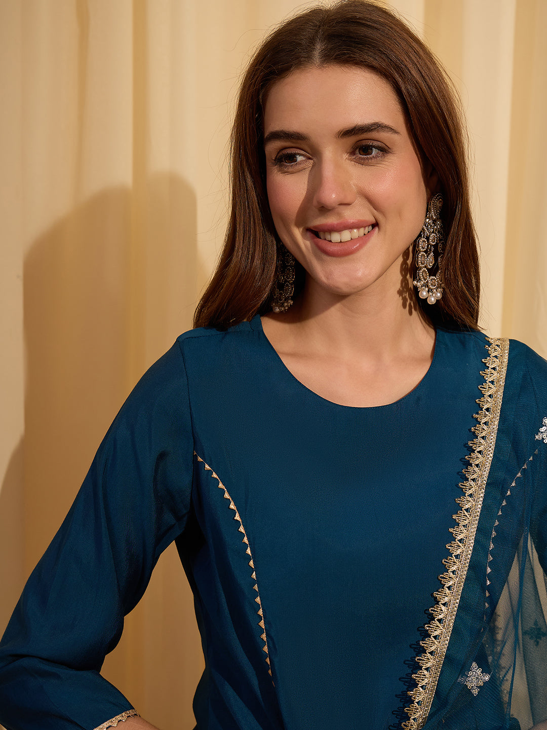Janasya Women's Teal Blue Chanderi Silk Embelished Straight Kurta Set