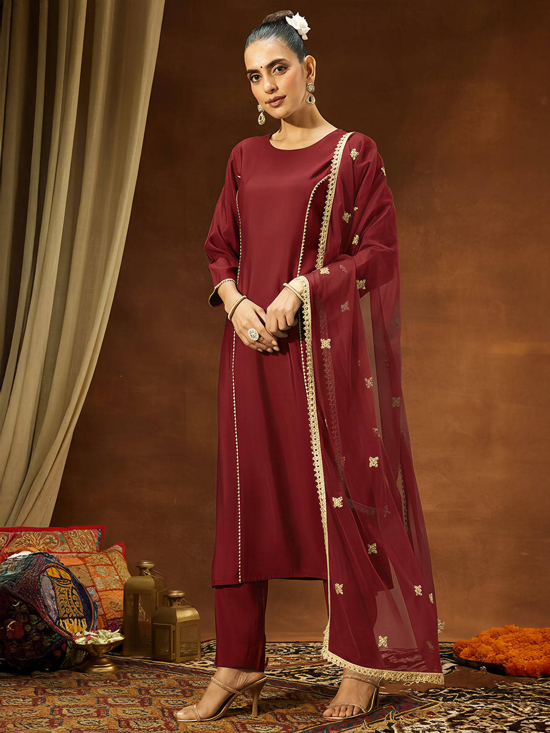Janasya Women's Maroon Chanderi Silk Embellished Straight Kurta Set