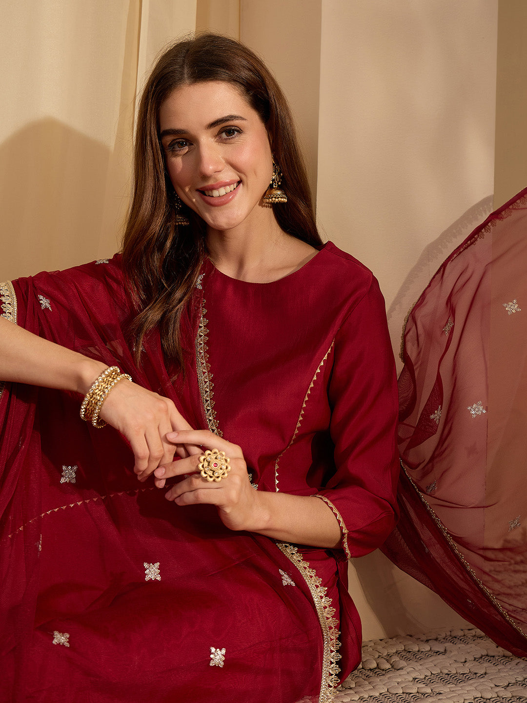 Janasya Women's Maroon Chanderi Silk Embellished Straight Kurta Set