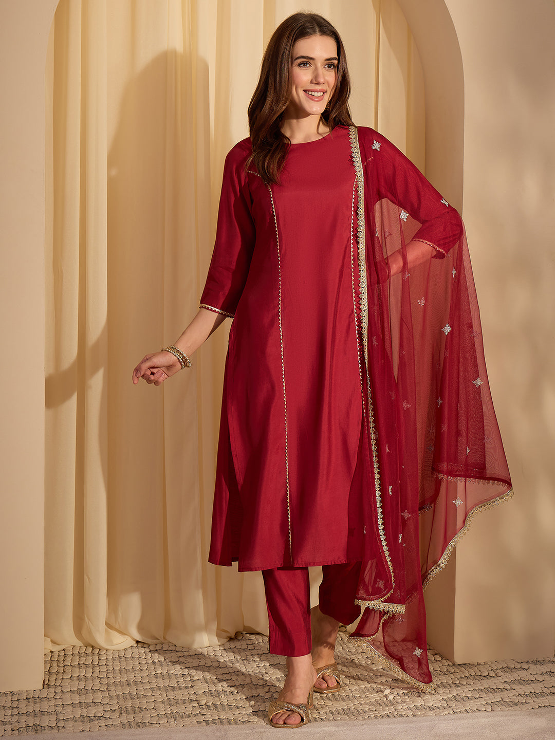 Janasya Women's Maroon Chanderi Silk Embellished Straight Kurta Set