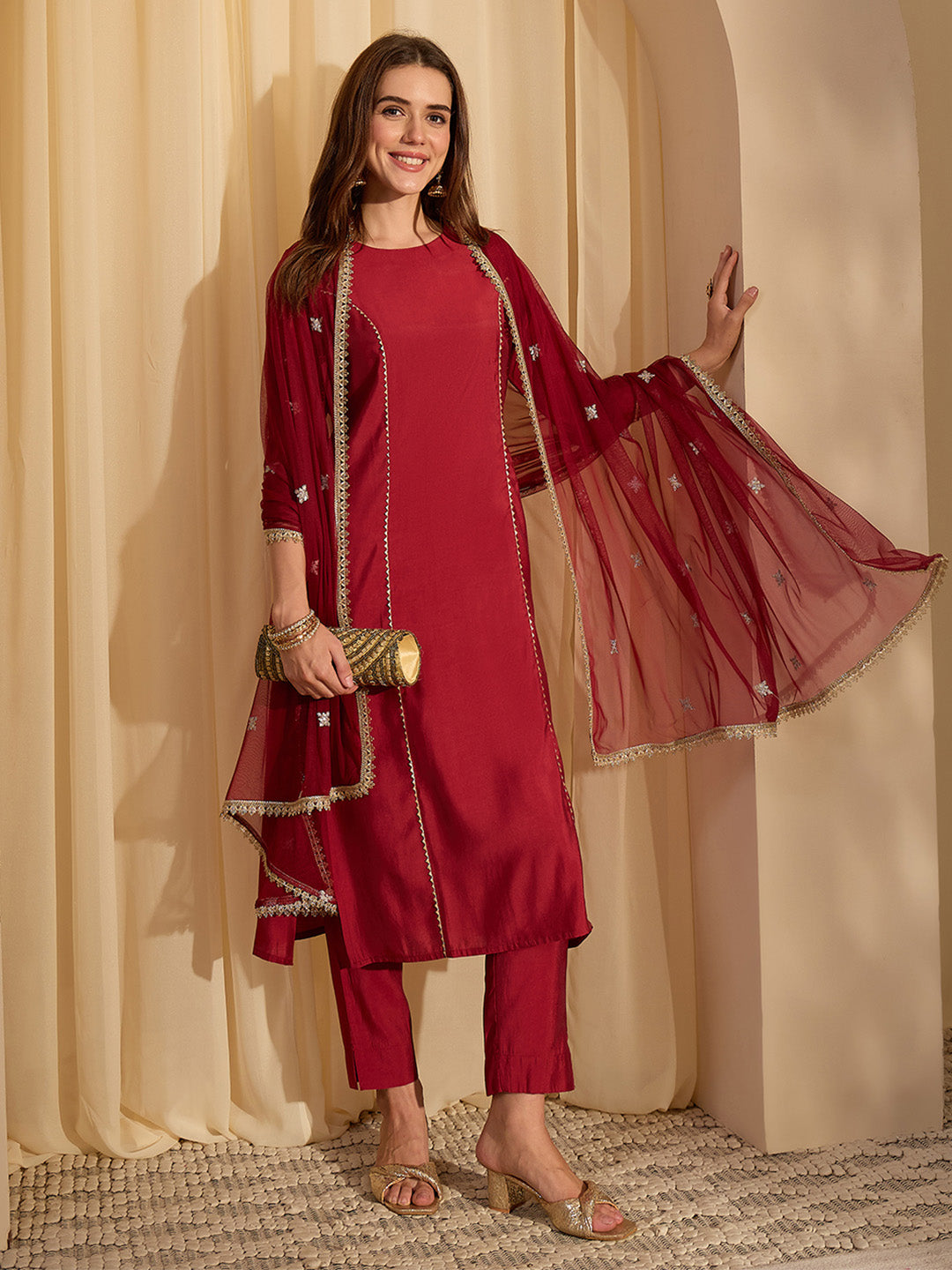 Janasya Women's Maroon Chanderi Silk Embellished Straight Kurta Set