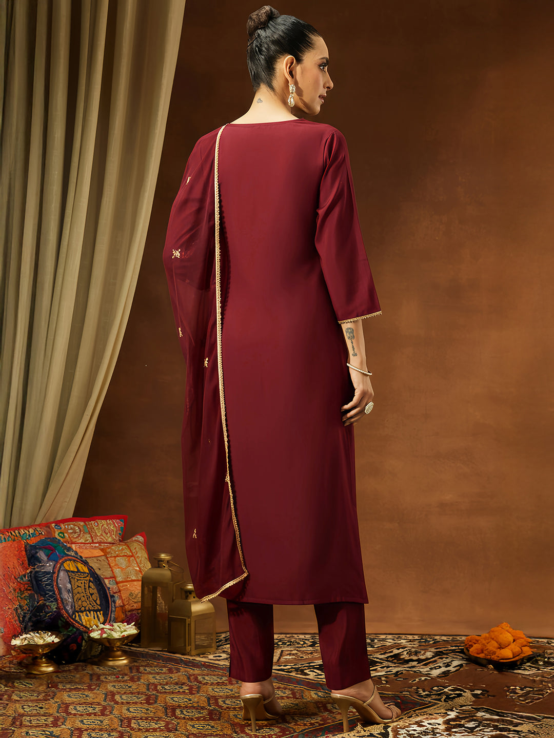 Janasya Women's Maroon Chanderi Silk Embellished Straight Kurta Set