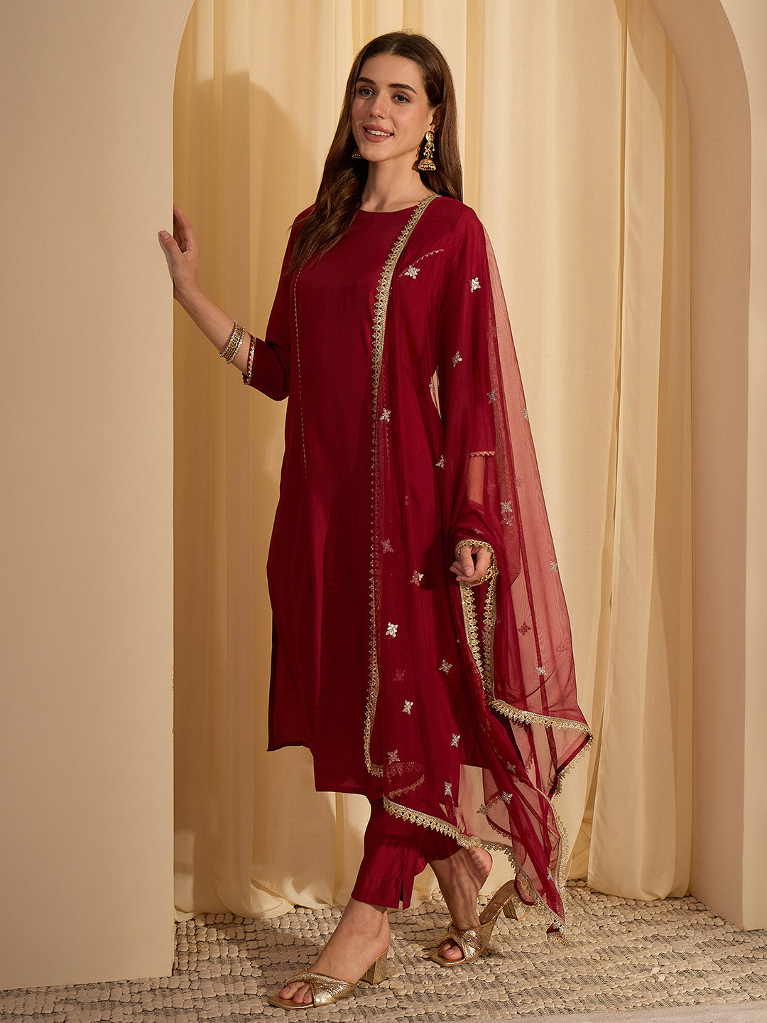 Janasya Women's Maroon Chanderi Silk Embellished Straight Kurta Set