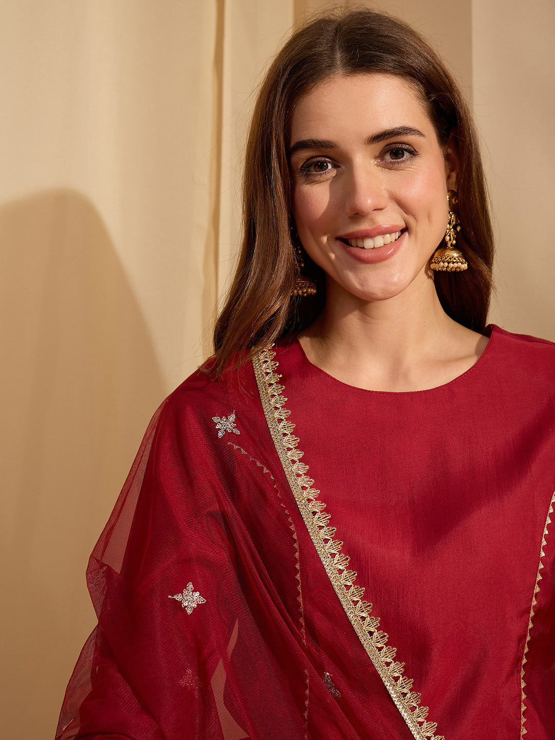 Janasya Women's Maroon Chanderi Silk Embellished Straight Kurta Set