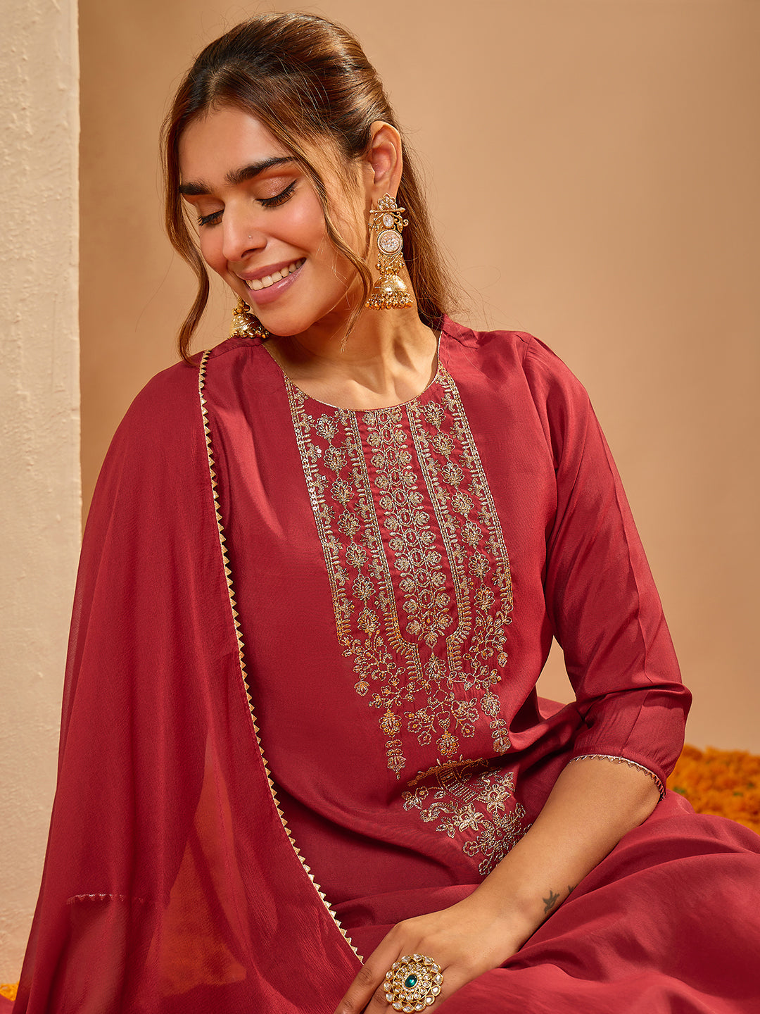 Janasya Women's Maroon Chanderi Silk Floral Zari Yoke Embroidered Straight Kurta Set