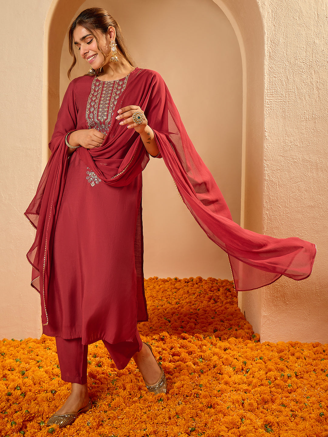 Janasya Women's Maroon Chanderi Silk Floral Zari Yoke Embroidered Straight Kurta Set
