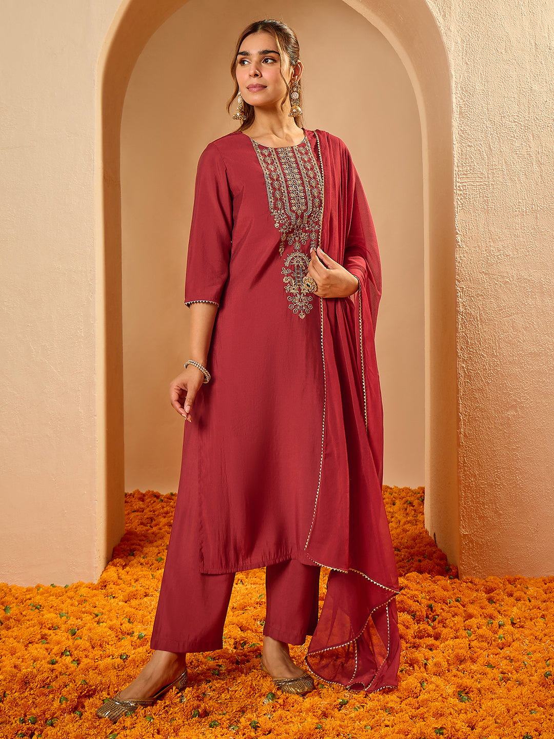 Janasya Women's Maroon Chanderi Silk Floral Zari Yoke Embroidered Straight Kurta Set