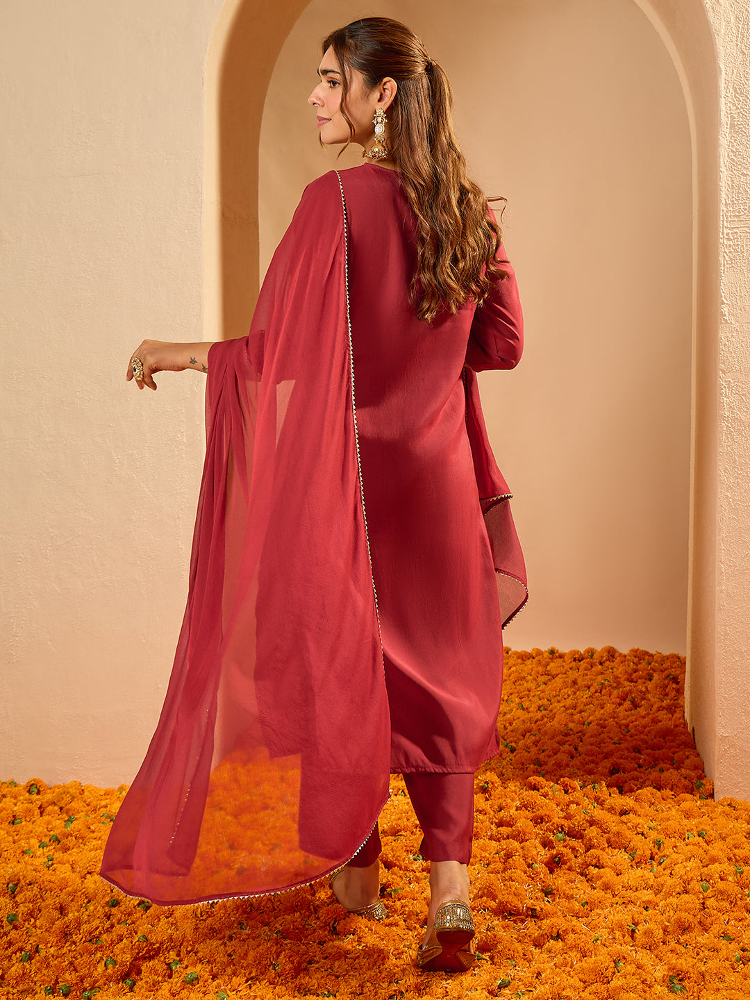 Janasya Women's Maroon Chanderi Silk Floral Zari Yoke Embroidered Straight Kurta Set