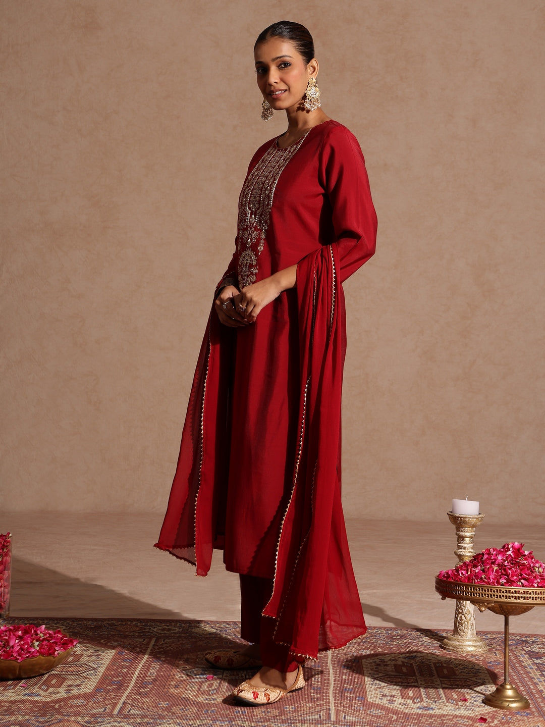Janasya Women's Maroon Chanderi Silk Zari Yoke Embroidered Straight Kurta Set