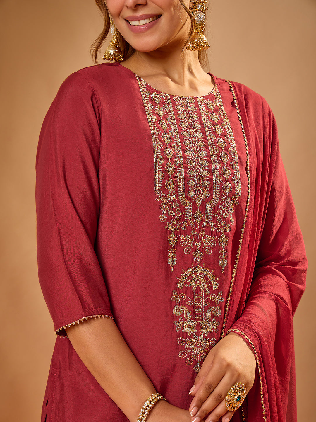 Janasya Women's Maroon Chanderi Silk Floral Zari Yoke Embroidered Straight Kurta Set