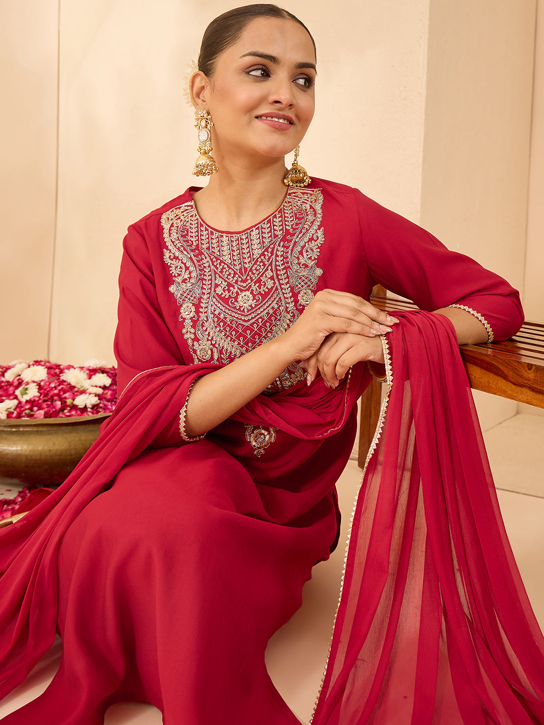 Janasya Women's Maroon Chanderi Silk Zari Yoke Embroidered Straight Kurta Set