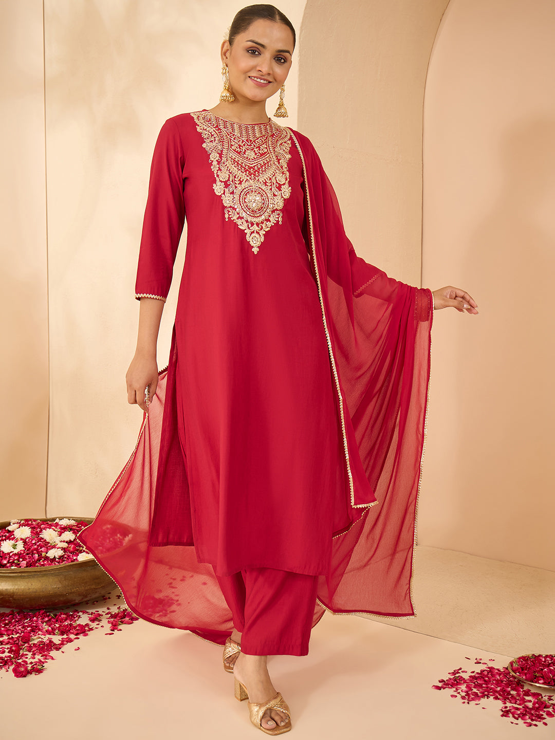 Janasya Women's Maroon Chanderi Silk Zari Yoke Embroidered Straight Kurta Set