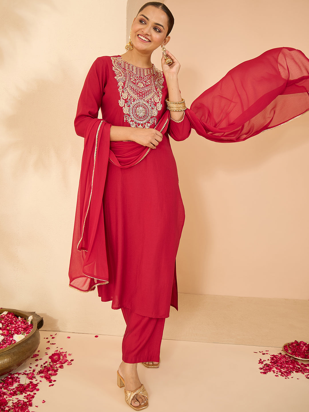 Janasya Women's Maroon Chanderi Silk Zari Yoke Embroidered Straight Kurta Set