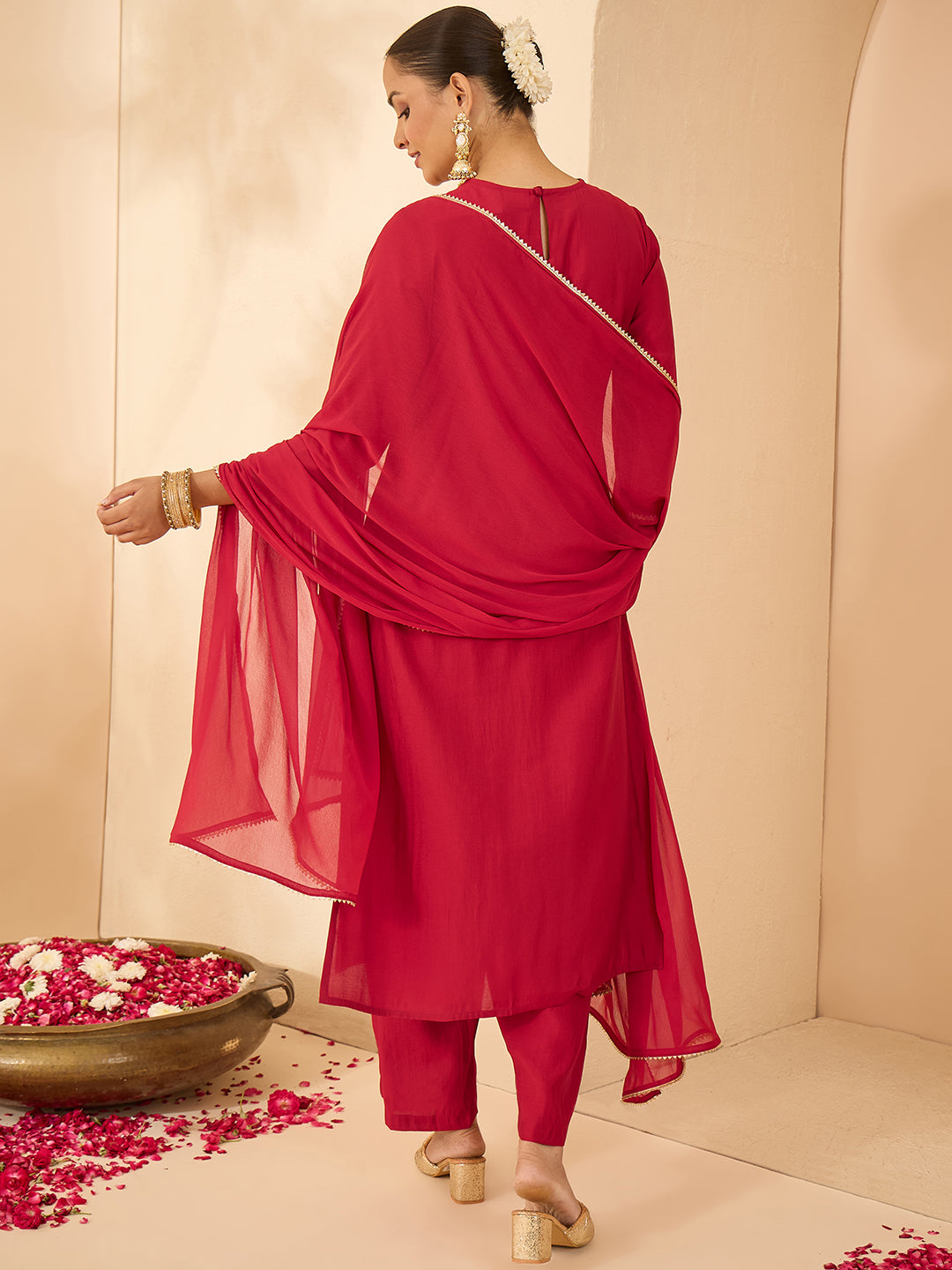 Janasya Women's Maroon Chanderi Silk Zari Yoke Embroidered Straight Kurta Set