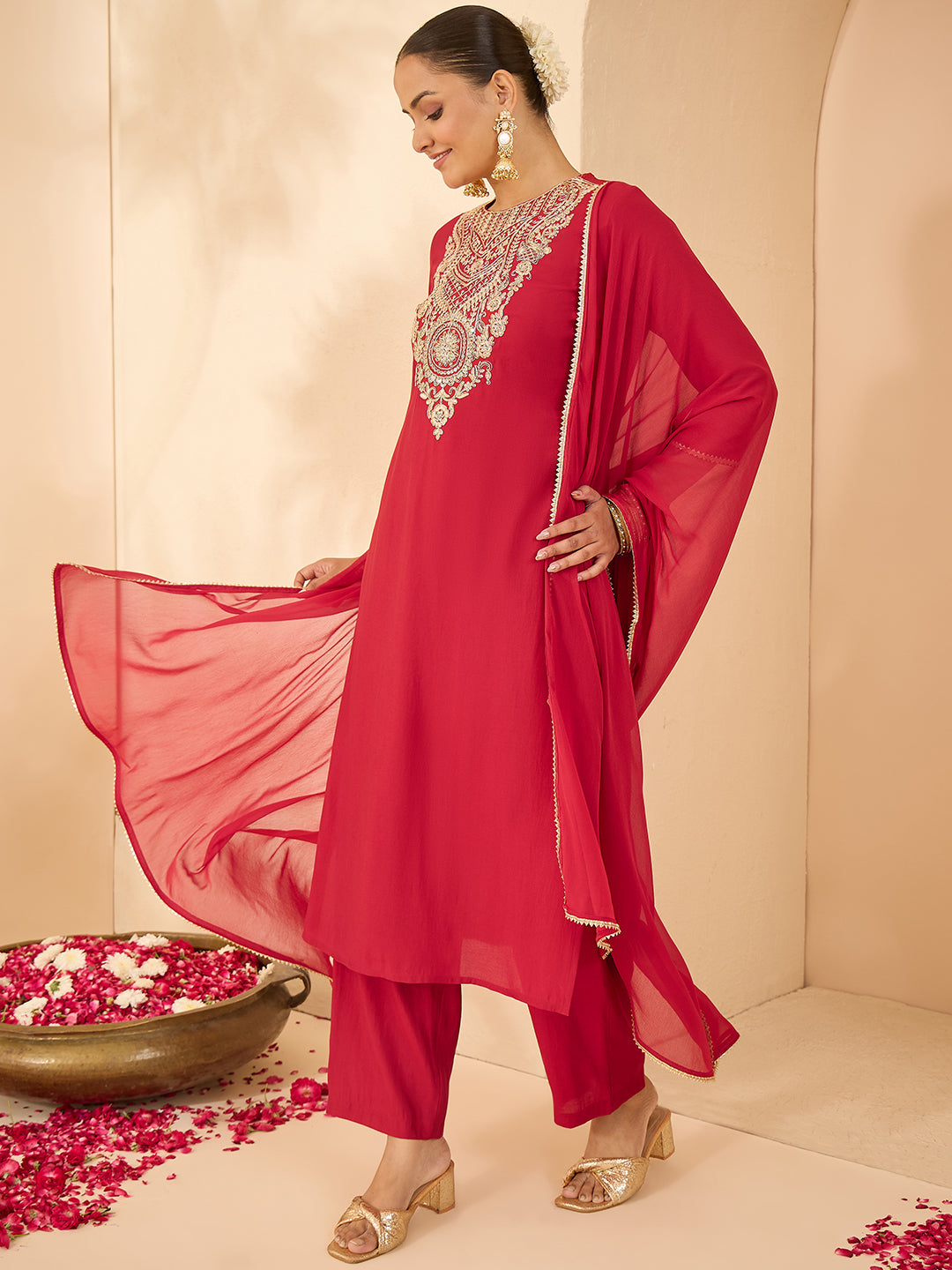 Janasya Women's Maroon Chanderi Silk Zari Yoke Embroidered Straight Kurta Set