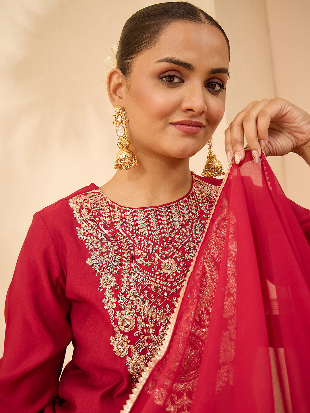 Janasya Women's Maroon Chanderi Silk Zari Yoke Embroidered Straight Kurta Set