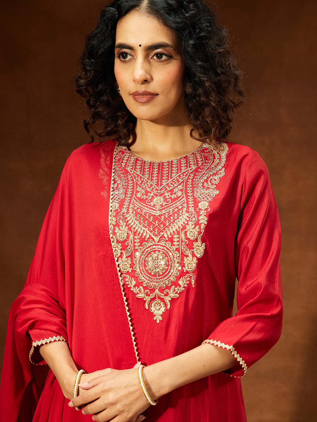 Janasya Women's Maroon Chanderi Silk Zari Yoke Embroidered Straight Kurta Set