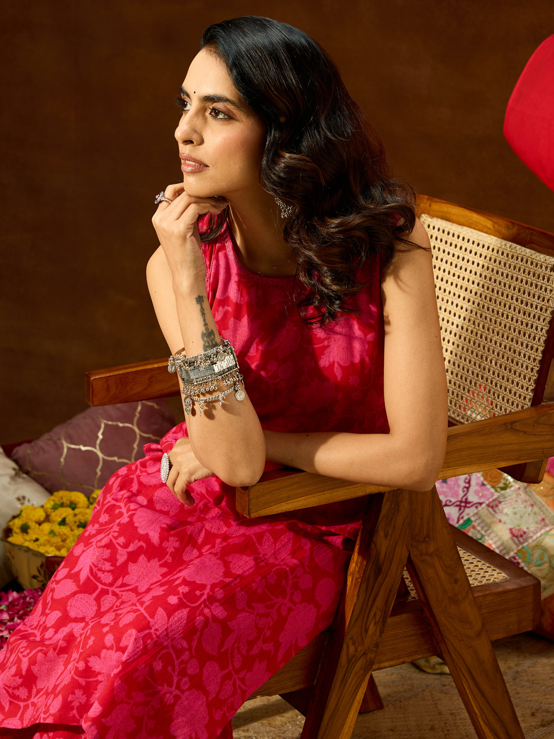 Janasya Women's Pink Pure Cotton Floral Printed Straight Kurta Set
